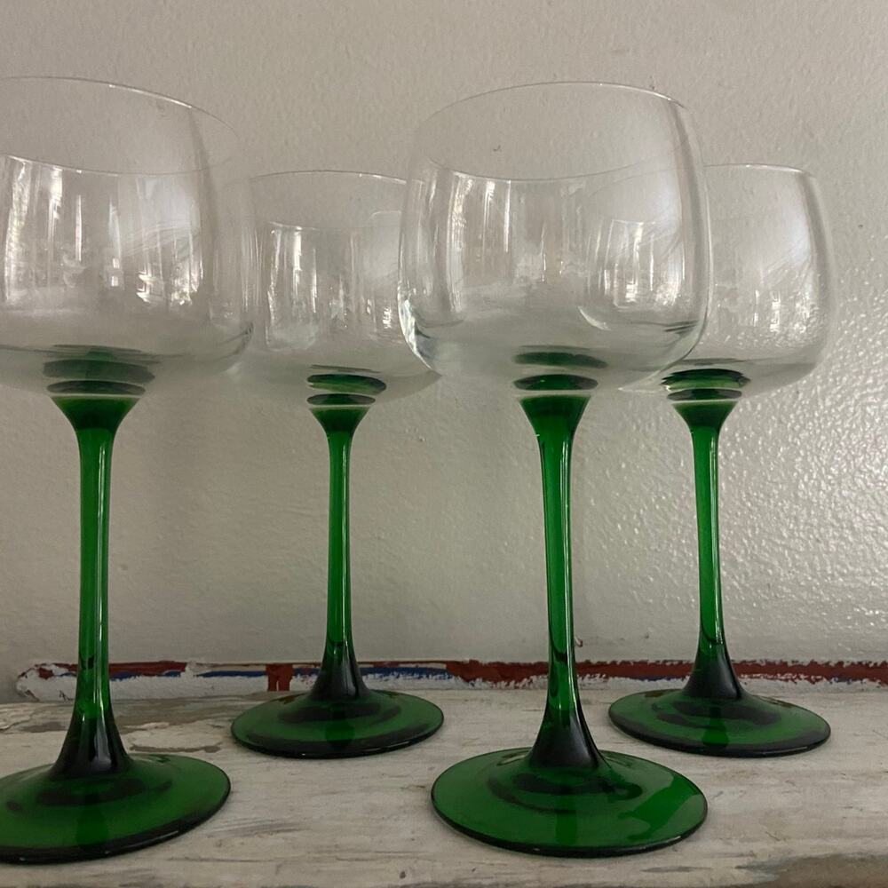 Set of 4 Vintage Luminarc France Vin du Rhin Green Stemglasses Art Deco